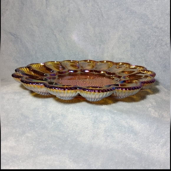 Vintage Iridescent Marigold Carnival Glass Deviled Egg Server - Picture 3 of 7